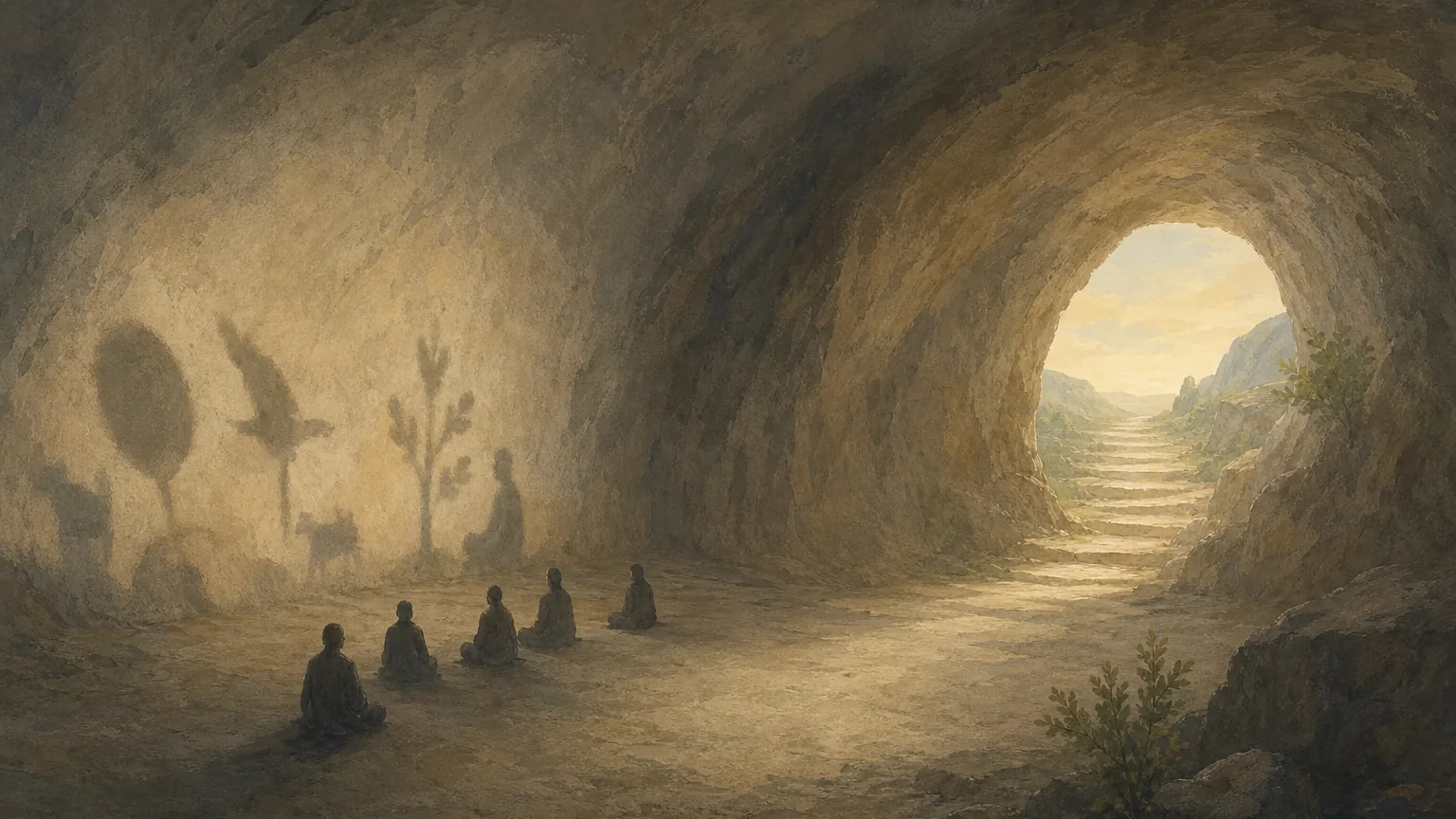 Silhuetas contemplam sombras no interior de uma caverna enquanto um caminho conduz à luz exterior.